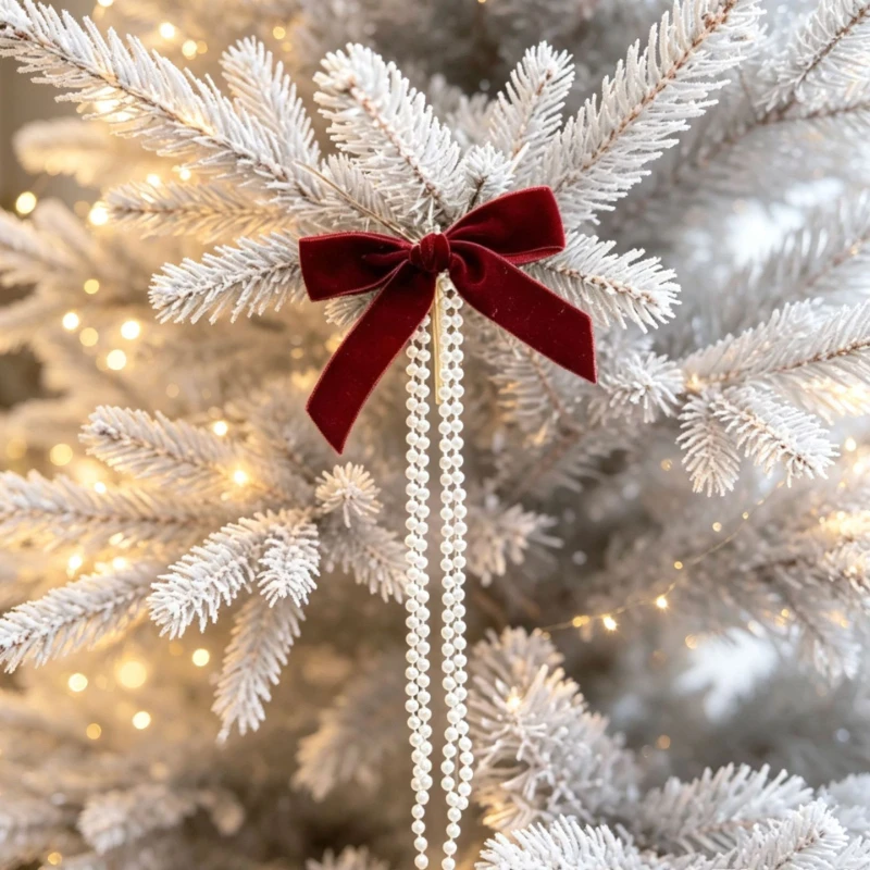Pearl Flocked Bow Christmas Hanging Decor – DIY Ornament for Tree, Wall & Tabletop, Perfect for Holiday Festive Setup