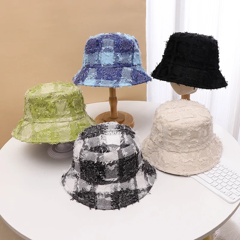 

Hat Women Summer Korean Plaid Bucket Hats Version Travel Foldable Fisherman Hat Japanese Sunshade Big Brim Cap Sunscreen Hat