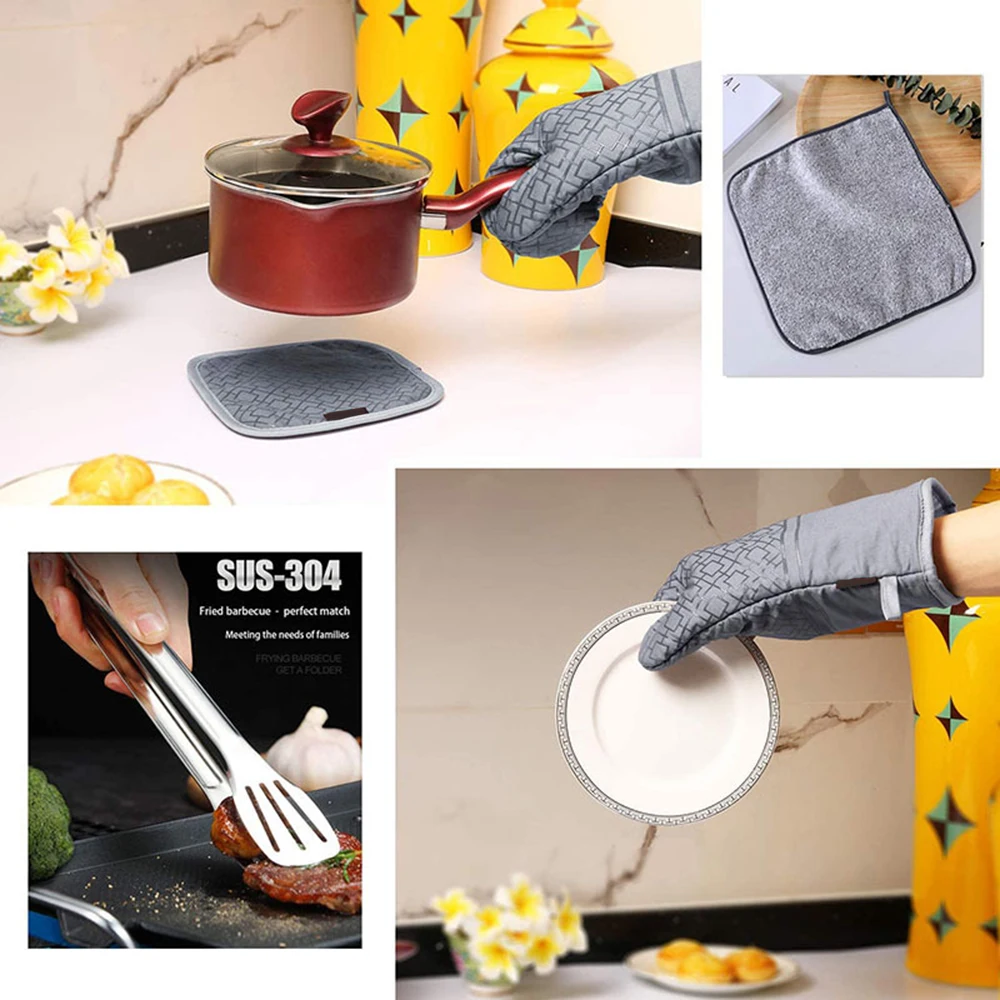 Kitchen Glove Oven Mittens And Pot Holders High Heat Resistant 600° Extra Long  Supplies Bbq Utensils For Baking Microwave