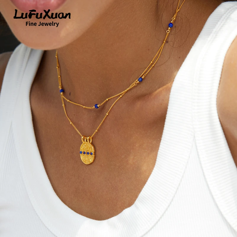 LuFuXuan Sterling Silver 925 Inlaid With Natural Lapis Lazuli Necklace, Light Luxury, Versatile And Fashionable Design