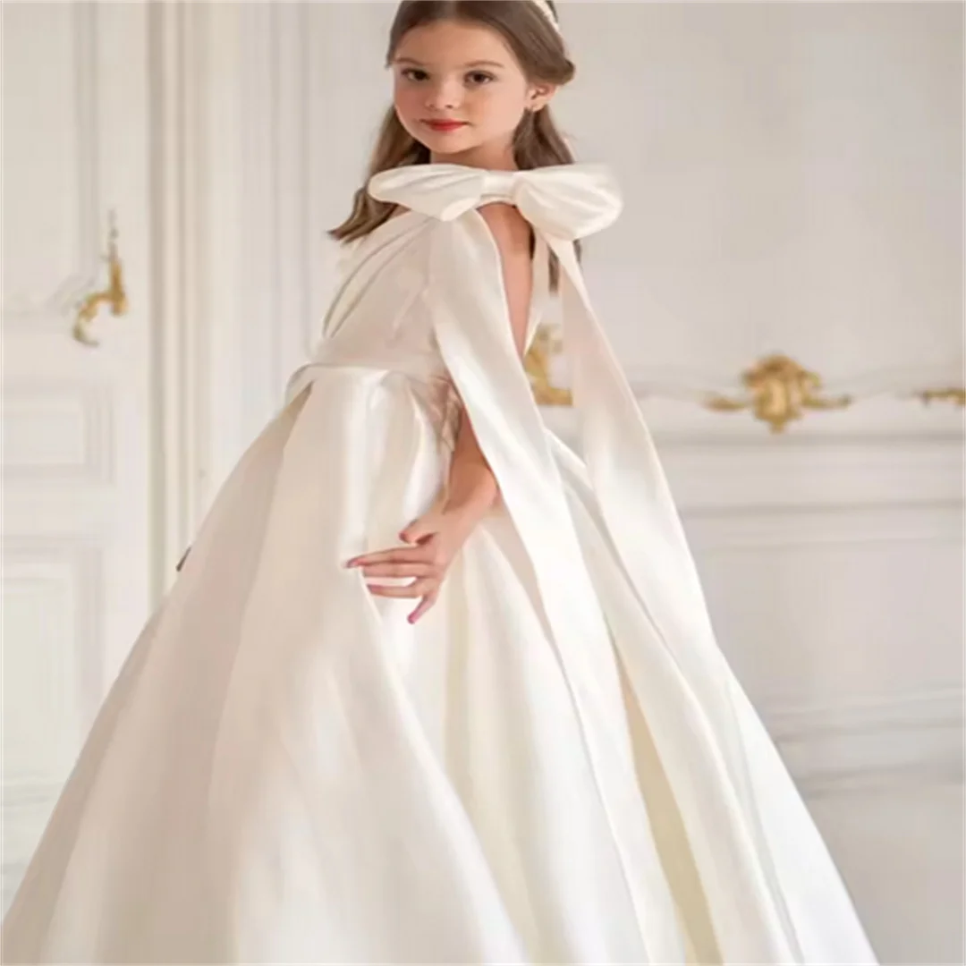

Wedding 2025 Satin Pageant Dresses for One Shoulder Flower Girl Dress for Girls First Communion Dress with Bow Ball Gown