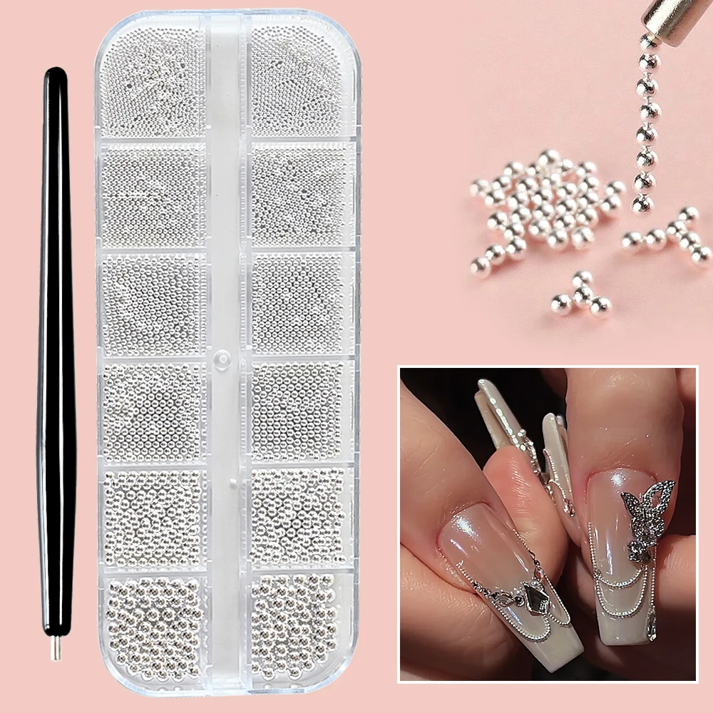 12 rasters Mini kaviaar kralen Nail Art Charms 3D metaal goud zilver stalen kogel (0,4 mm-1,5 mm) nagelonderdelen met magnetische pen nageldecoratie