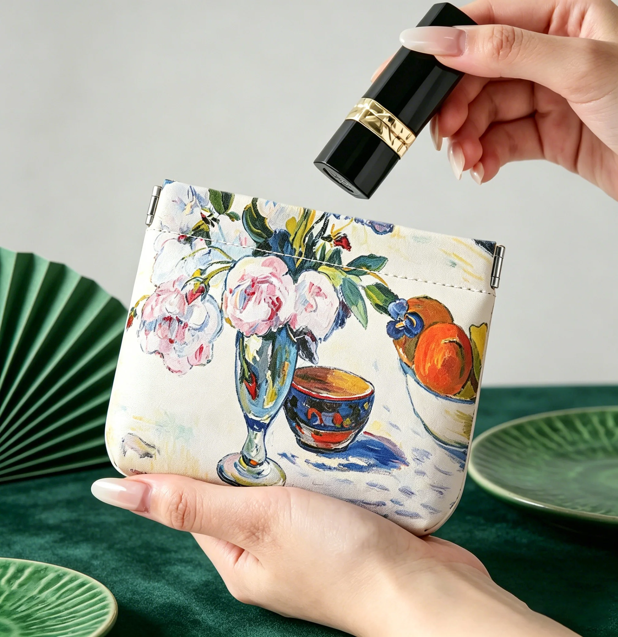 

Chinese Floral Print Waterproof Auto-close Pouch, Multi-functional Portable Organizer for Cable Lipstick Coin Cosmetics