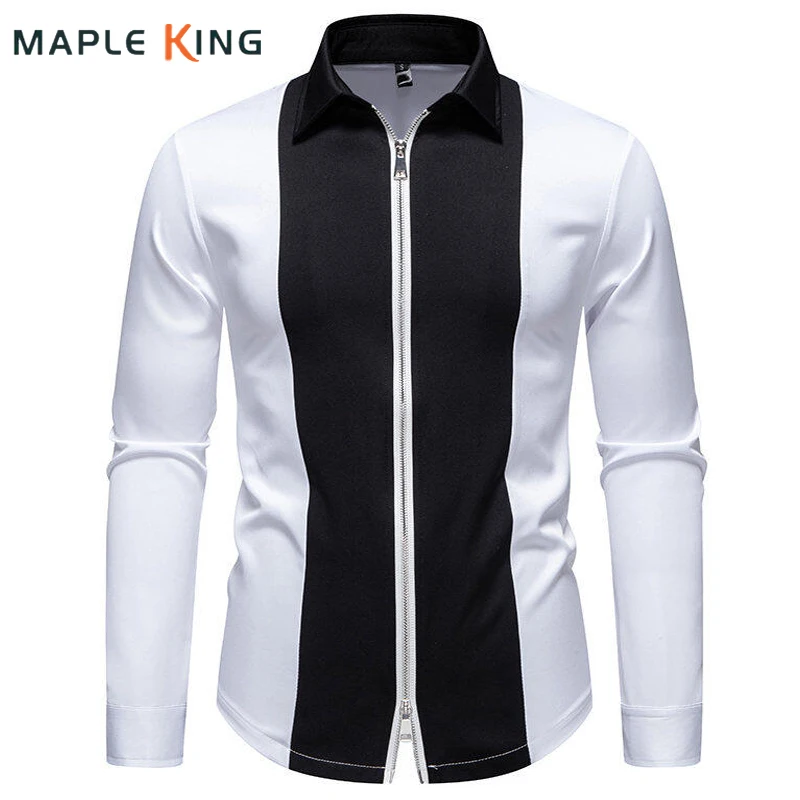 

Black White Patchwork Shirts for Men Zipper Designer Streetwear Clothing Long Sleeve Punk Victorian Gothic Clothes Mens Shirt