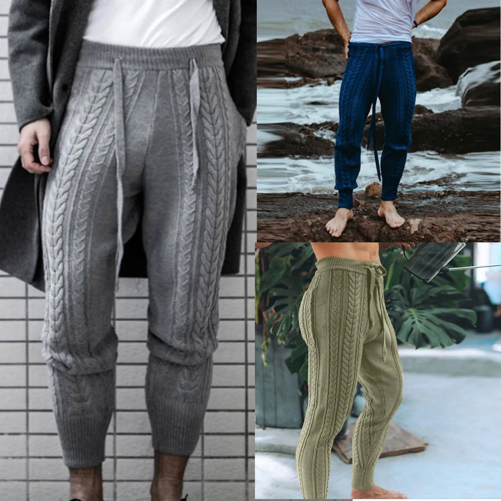 Men Knitted Trousers Pants Slim Fashion Male Ankle-Length Pants Drawstring Solid Color Pencil Autumn Winter Warm Woollen Trouser