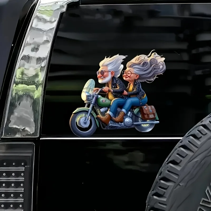 Funny Retro Biking Old Couple Waterproof Self-Adhesive Vinyl Sticker for Car,Truck,Motorcycle,Laptop,Window,Birthday Anniversary