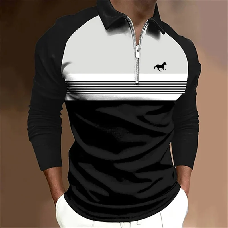 Spring Autumn New Men Clothes Long Sleeve Zipper Stripe Polo Shirt Men Sport Quick Drying Polyester Turn-down Collar Polo Shirt image 3