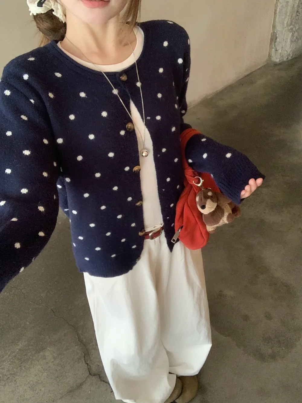 الحلو الكورية Sle فضفاض سترة مشغولة من الصوف المرأة البولكا نقطة جولة Ne مفتوحة الجبهة سترة ort ملابس خارجية الخريف Faion