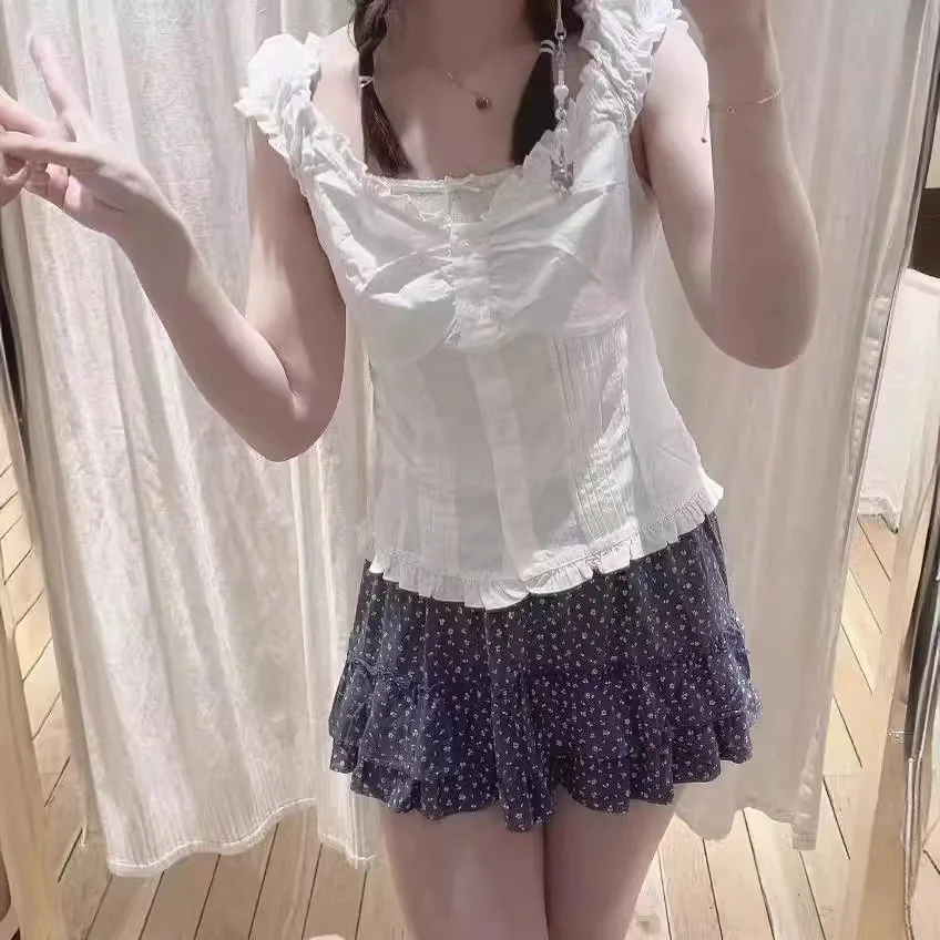 กระโปรงทรงเอเอวสูงลายดอกไม้ ยางยืด แบรนด์ใหม่สำหรับผู้หญิง กระโปรงทรงบอดี้ พลีททรงเค้ก ผ้าโพลีเอสเตอร์