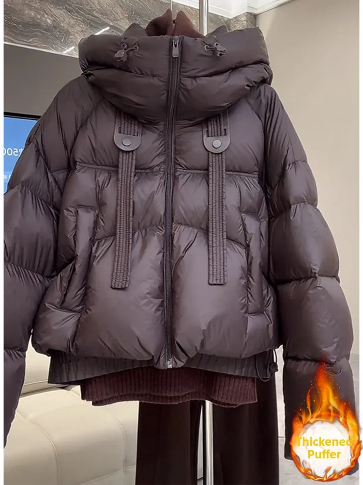 

Winter Thiened Women's down Cotton Jaet Faionable Casual Sle Hooded Zipper Closure Korean Version Long Sve ort Coat