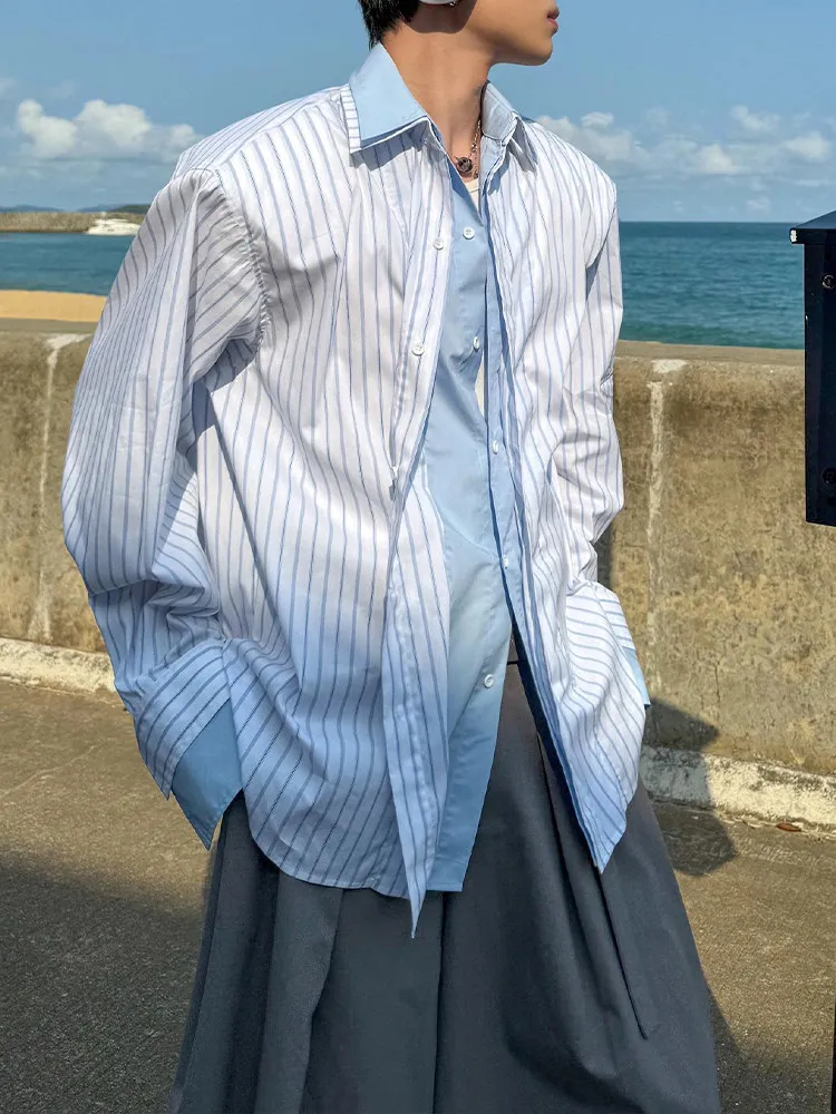 Cleanfit Patchwork Stripe Fake Two-Piece Shoulder Pad Shirt Men's Summer High-End American Long Sleeve Sun Protection Shirt