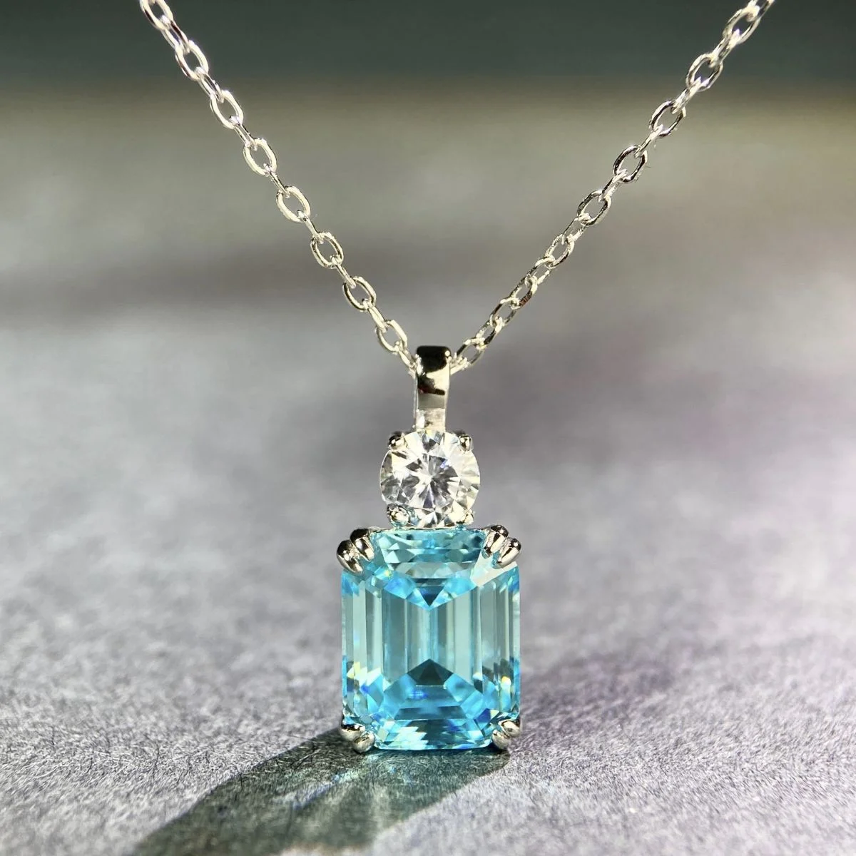 

Genuine S925 Sterling Silver Cubic Zirconia Square Necklace with Adjustable Chain, Sparkling White, Green and Blue Style for Wom