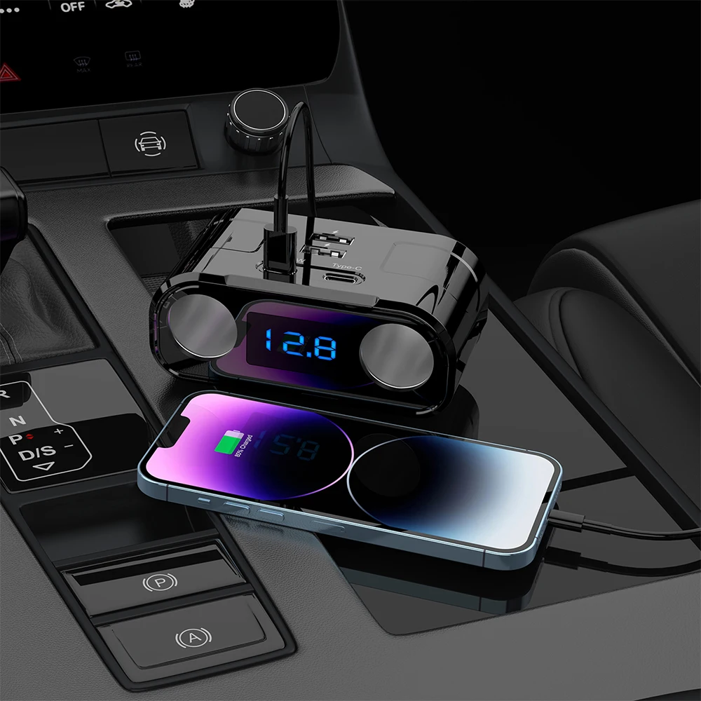 KEBIDUMEI 6in1 ولاعة السجائر الفاصل QC3.0 + PD شاحن سيارة شاشة ديجيتال شاحن الهاتف 12 فولت-24 فولت 60 واط محول اكسسوارات السيارات