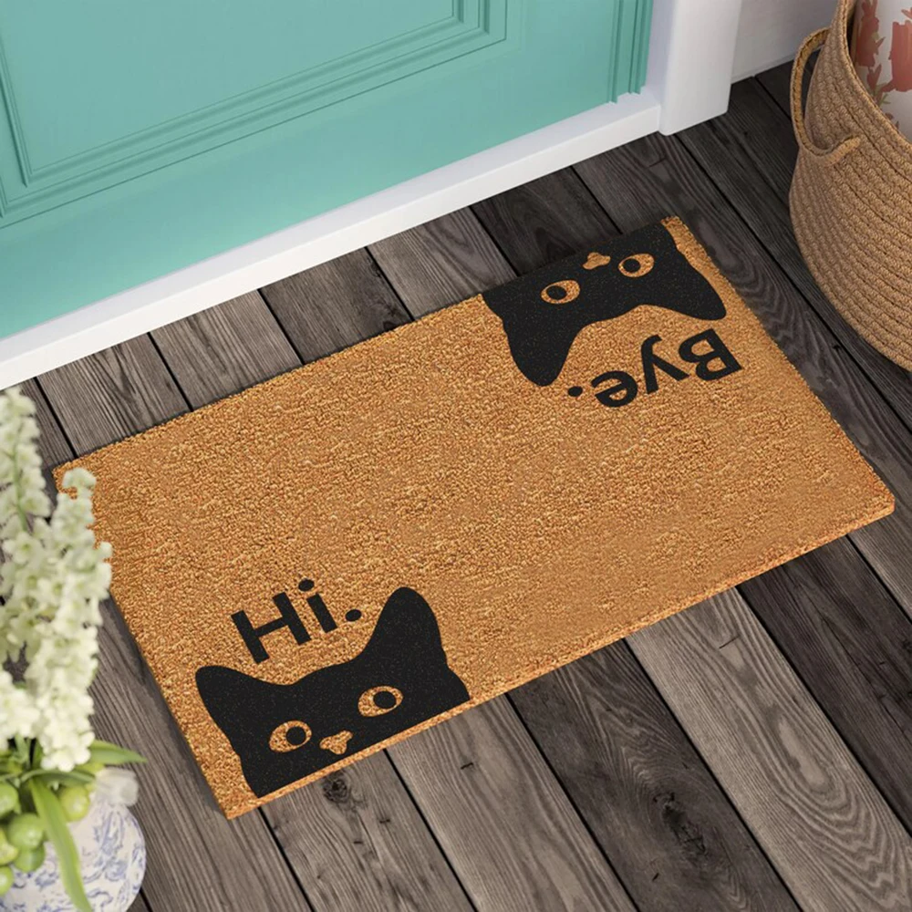 Hi Bye Cat Doormat Cute Entryway Welcome Carpet Unique Bath Rug Cat Lover Gift Easy Clean Absorbent Door Wiper Funny Black Cat