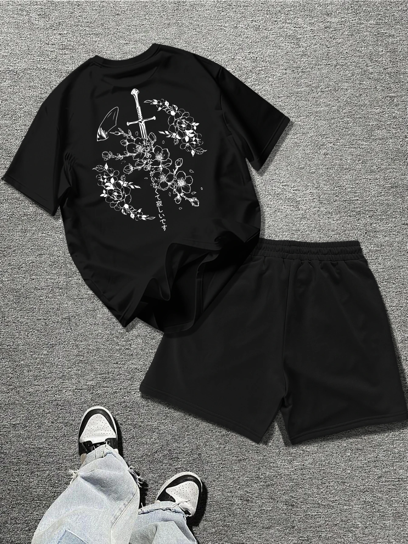

Men's "Japanese Sakura Sword Kanji Graphic Print" Oversized Streetwear Casual Short Sleeve Summer Tops