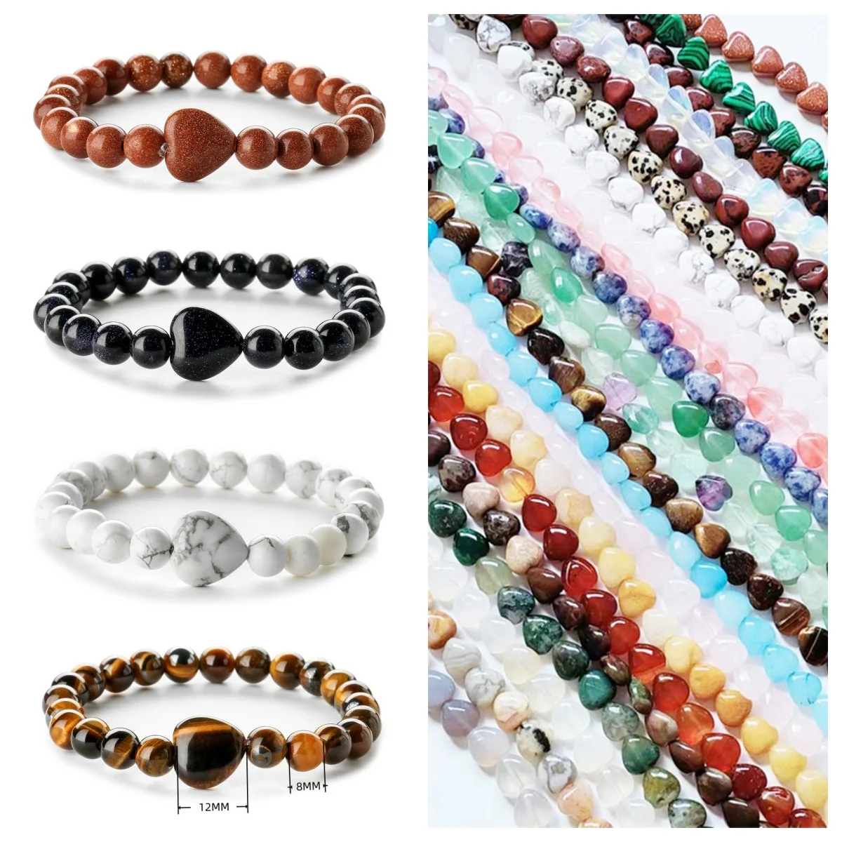 النساء 12 مللي متر Howlite القلب سحر 8 مللي متر الخرز المستديرة الأحجار الكريمة سوار شفاء شقرا كريستال تمتد مطاطا الروحية مجوهرات #3