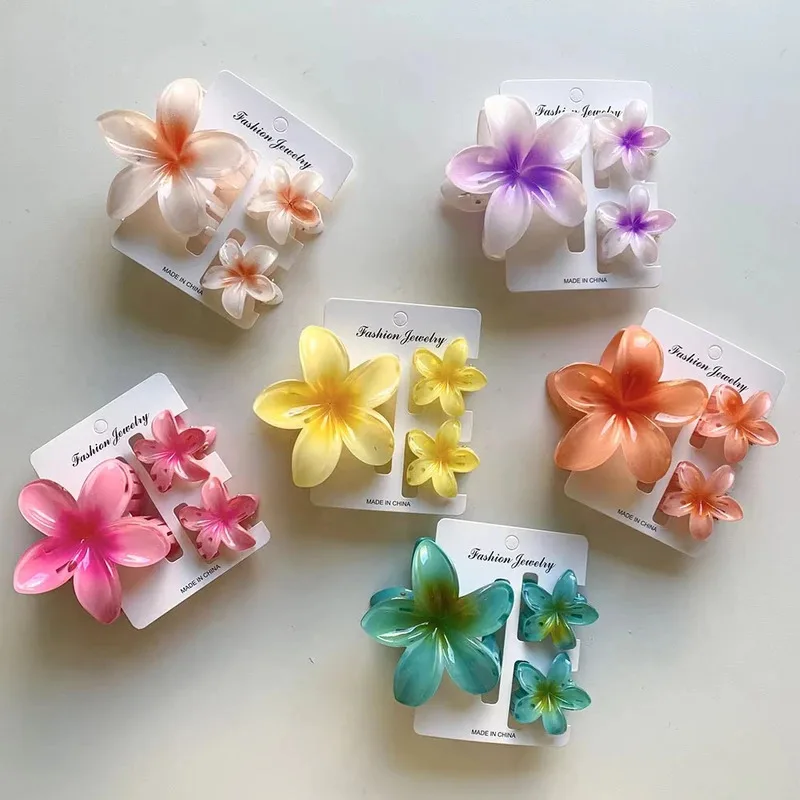 

1 Large 2 Small Set Sweet Flower Shape Colorful Gradient Hair Claws Women Ponytail Cilp Clamp Hairpins for Girl Beach Headwear