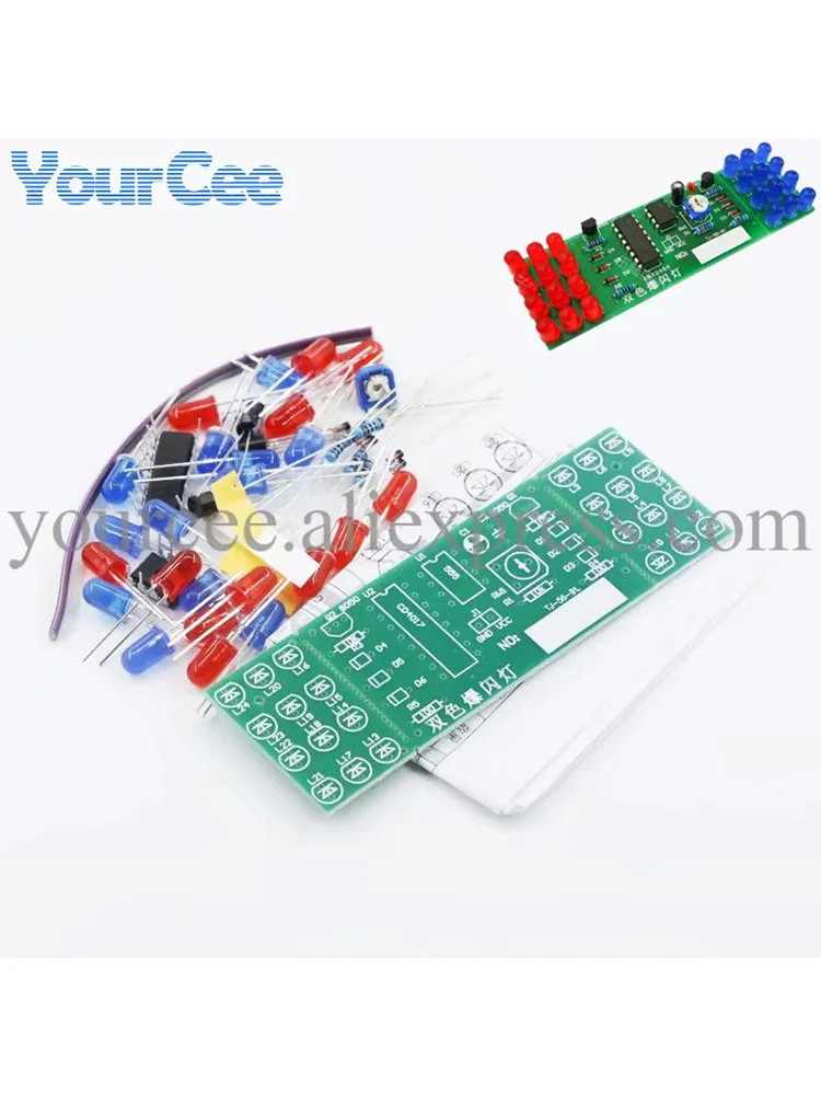 NE555 + CD4017 czerwony niebieski dwukolorowy zestaw migających świateł stroboskop praktyka nauka DIY Electronic Suite Design — zdjęcie 2
