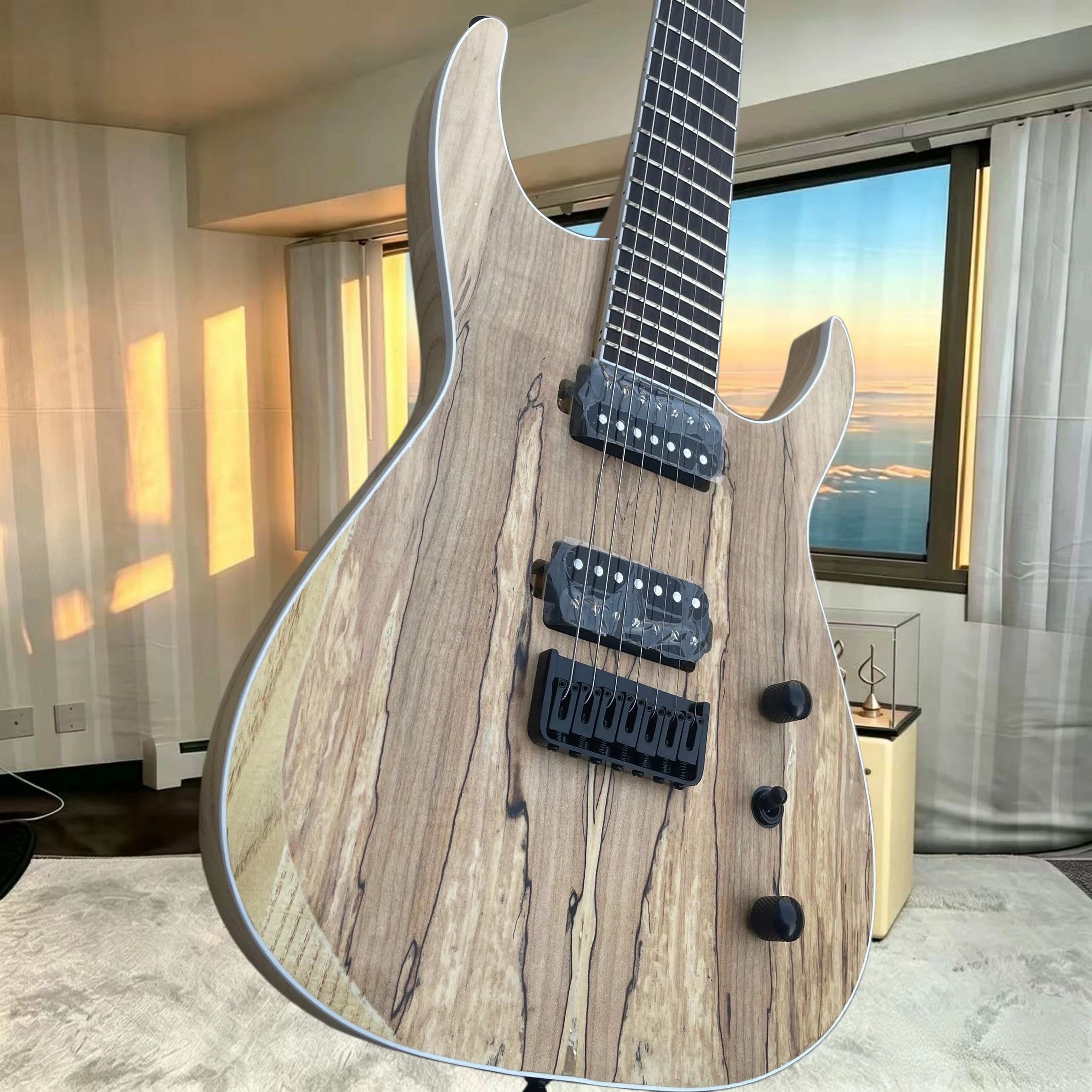 7‑String ESPO Modern Double‑Cut Spalted Maple Top Electric Guitar HH Pickup String‑Through Bridge Djent Progressive‑Metal Stage