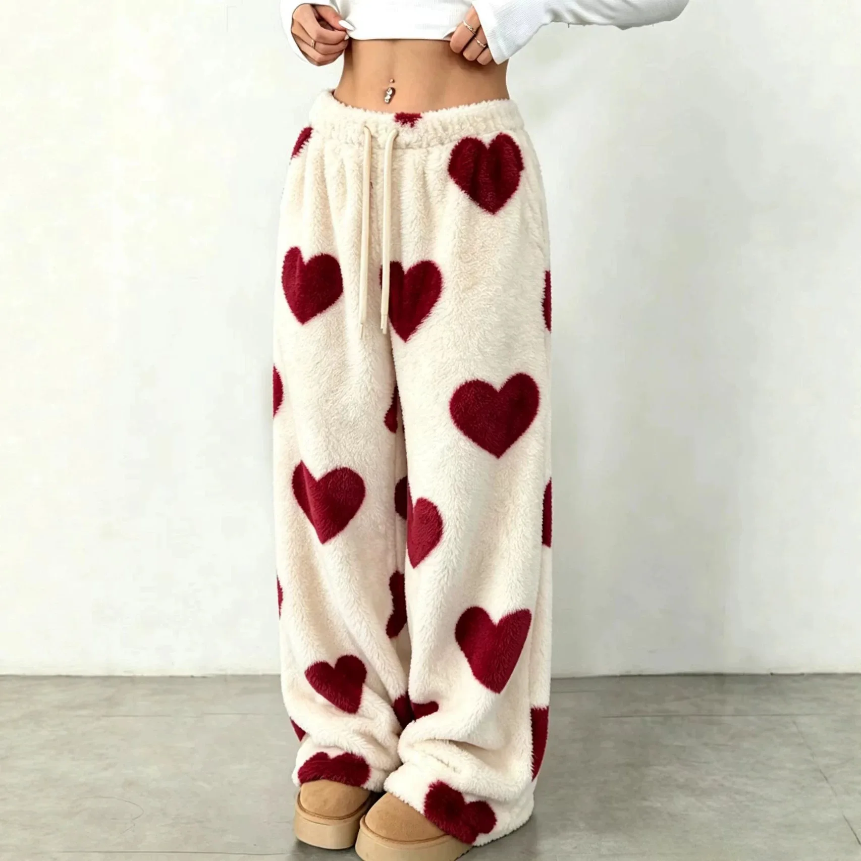 Winter Women Heart Print Fuzzy Wide Leg Pants Drawstring High Waist Fluffy Casual Trousers Warm Loungewear Pajama Pants
