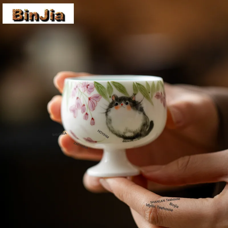 BAEJORIA 75ml Hand Drawn Puppet Cat High Foot Teacup Traditional Tea Bowl Sample Tea Cup Meditation Cup Jianzhan Tea Set