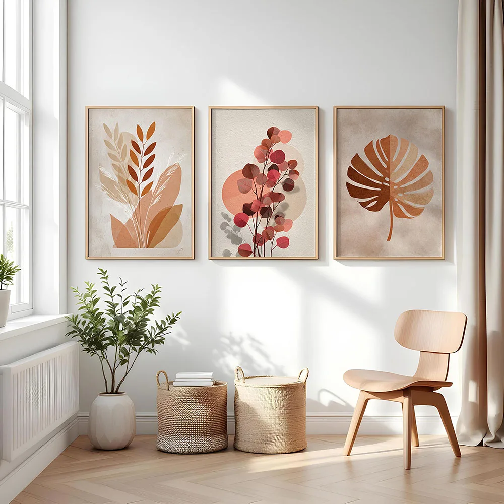 Conjunto de 3 folhas botânicas de pampas, eucalipto monstera, pôsteres minimalistas de terracota boho para decoração de quarto de sala de estar