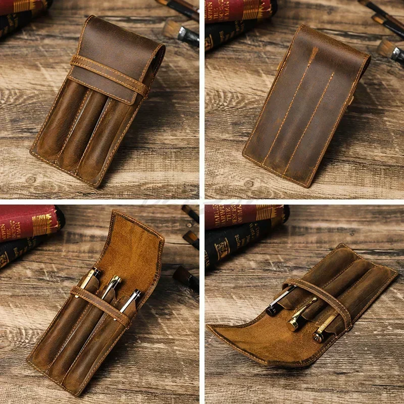 Handmade Cowhide Pen Holder Vintage Horsehide Pen Case Can Hold 1-3 Fountain Pens Personalized Creative Student Pen Case