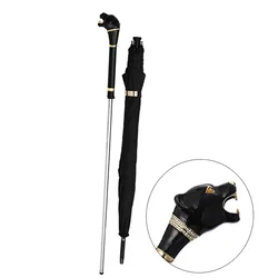 Luxury Black Panther Handle Self Defense 2-in-1 Sturdy Windproof and UV resistant Cane Umbrella Hiking Strolling in the Rain