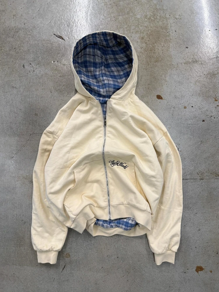 Harajuku Gothic Retro Style Zipper Double-Sided Hooded Sweatshirt Checkered Jacket Y2K Fashion Autumn/Winter Fashion Item