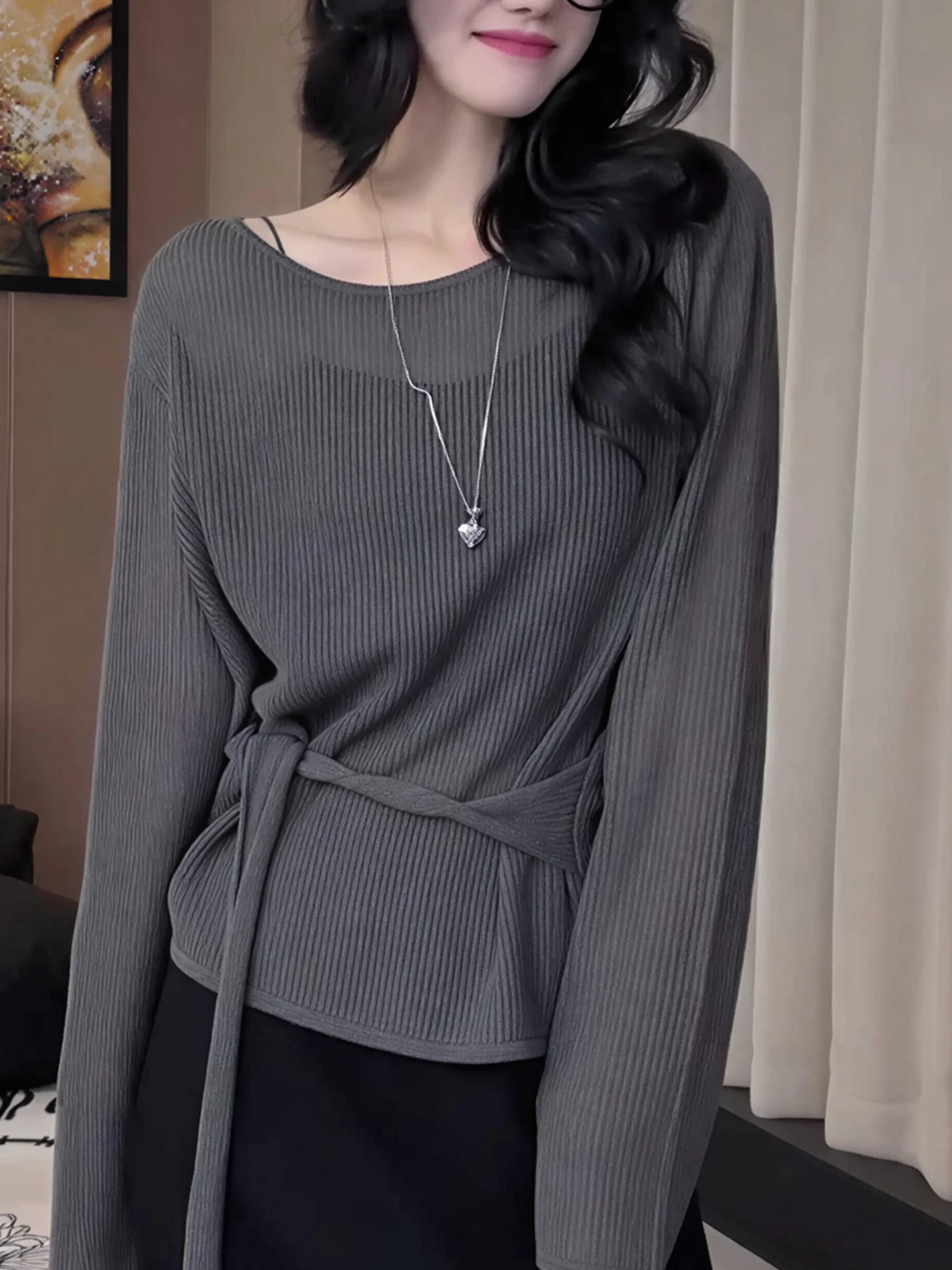 

Женский вязаный пуловер с длинным рукавом и круглым вырезом, с поясом, свободного кроя, полупрозрачный, однотонный, в повседневном стиле, осенний топ