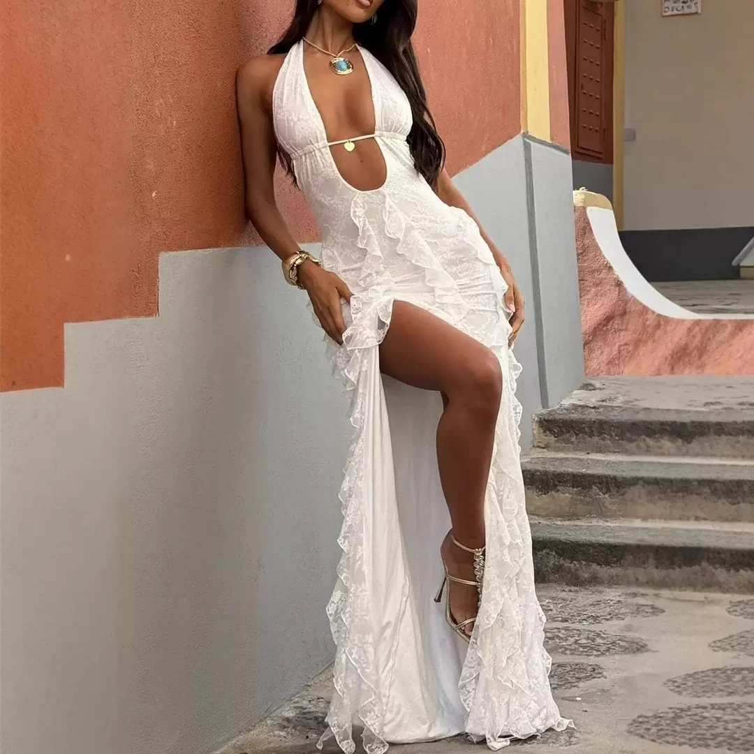 

White Lace Hem Dress for Women Sexy Deep V Neck Sleeveless Prom Dress Beach High Slit Vestidos de Noche Ruched Backless Robes