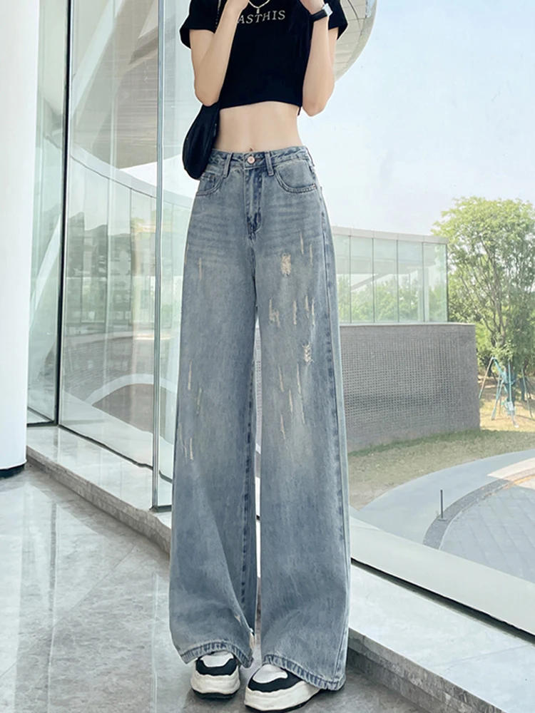 Blue High Waist Wide Leg Jeans Women's Spring New plus Size Conceal Meat High Waist Straight Leg Floor-Length Trendy Pants