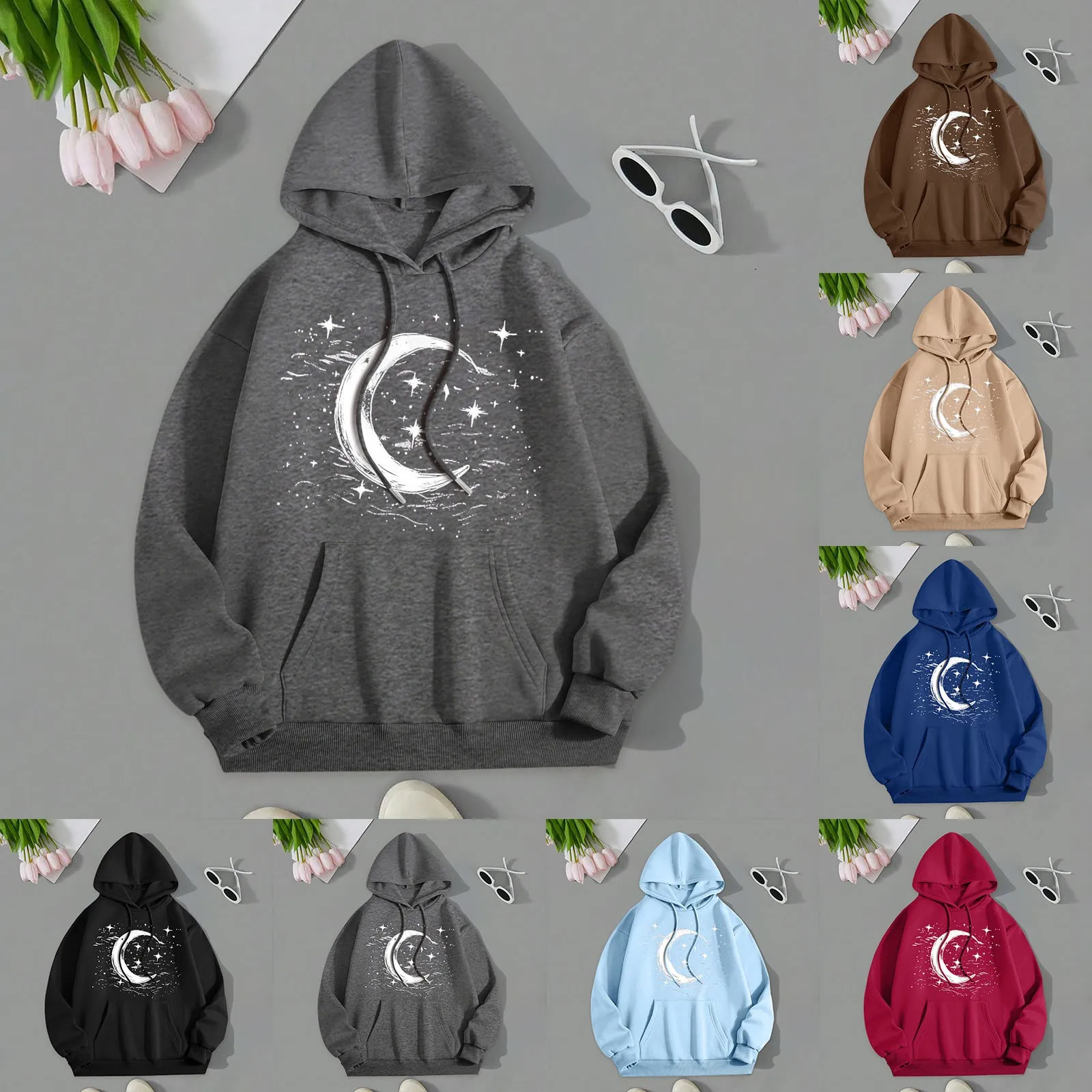 

Ladies Fall/Winter Casual Loose Moon Print Hoodie Hoodie Zip up Women