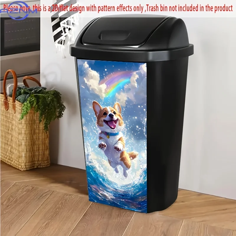 1pc 2D/FLAT Trash Can Sticker,  x  inch, Happy Corgi Jumping in Ocean with Rainbow, Joyful and Vibrant Dog Illustration, Creat