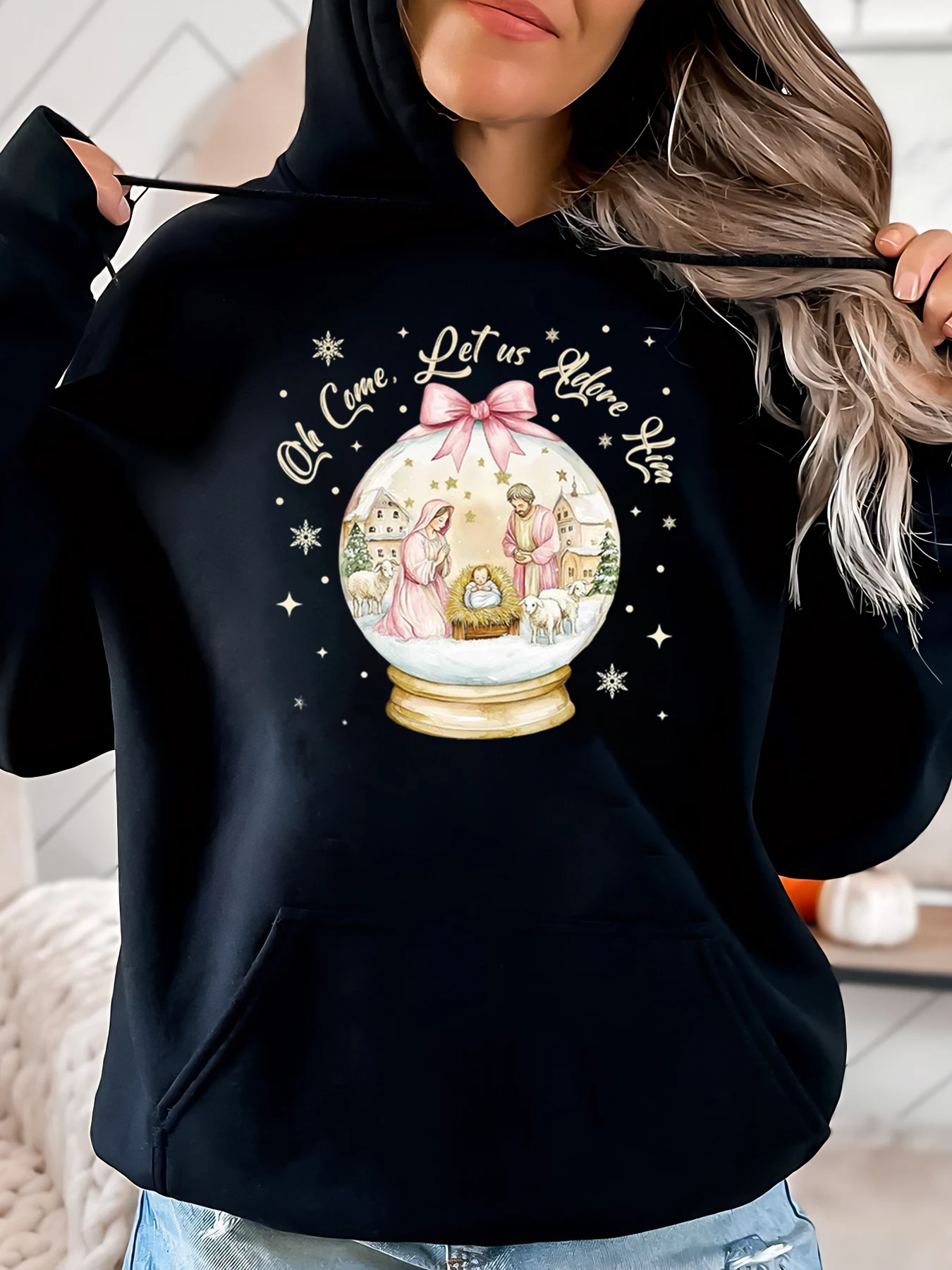 クリスマス ナティビティ シーン スノーグローブ オー コム レット ウィズ アドア ヒム パーカー レディース クリスマス ホリデー ウェア ブラック プラスサイズ