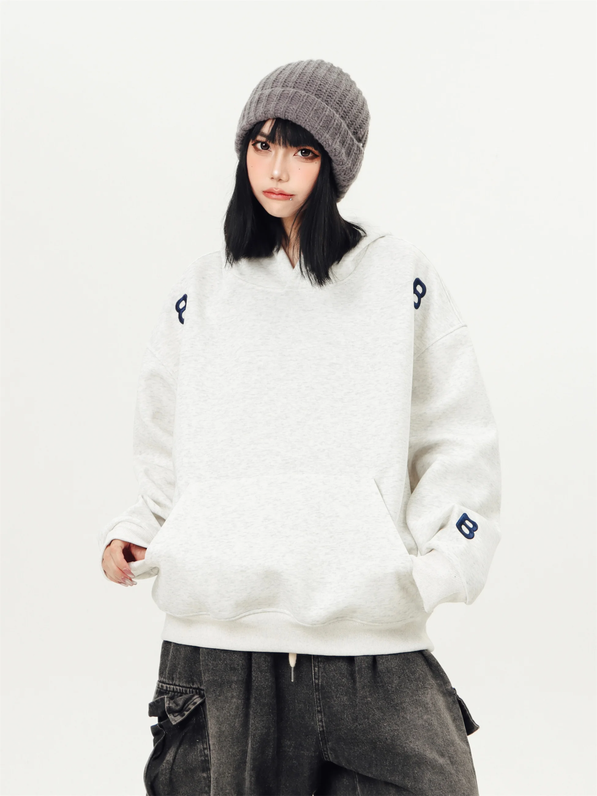 

American retro embroidered letter hooded sweater women's autumn heavy sports loose long-sleeved couple hoodie