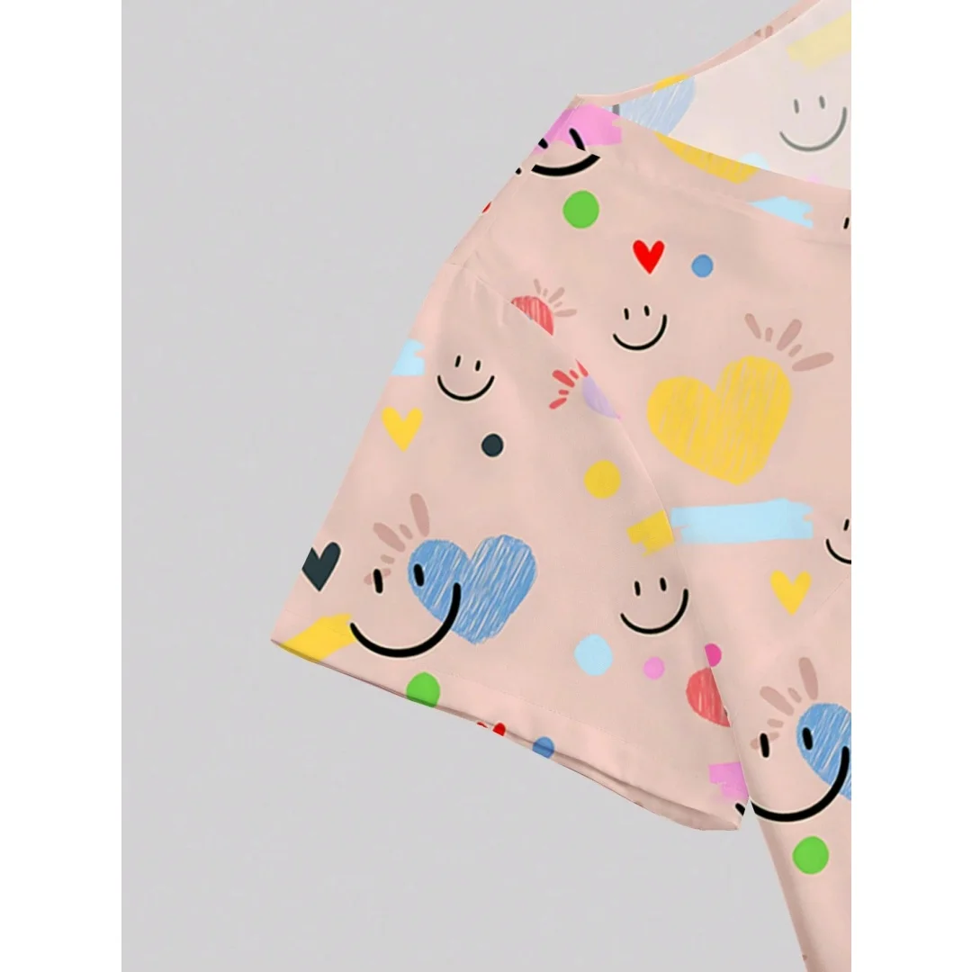 Rosa com decote em v manga curta bolso duplo fenda lateral adorável dos desenhos animados coração rosto impressão enfermeira médico trabalho uniforme roupas de manga curta