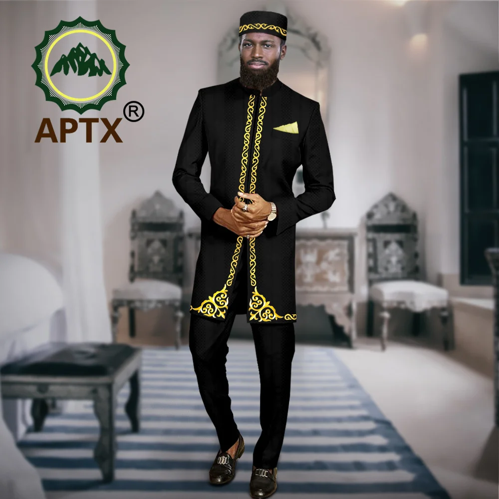 APTX African Men Suits Slim Fit Outfits Dashiki Clothing Jacket Pants Hat 3 PCS Set Wedding Party Bazin Riche Attire A2316066