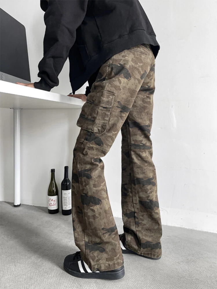 Retro American Bell Bottom Work Pants Straight Leg Jeans for Men Spring Autumn Casual Wear Patchwork Denim Youth Fashion