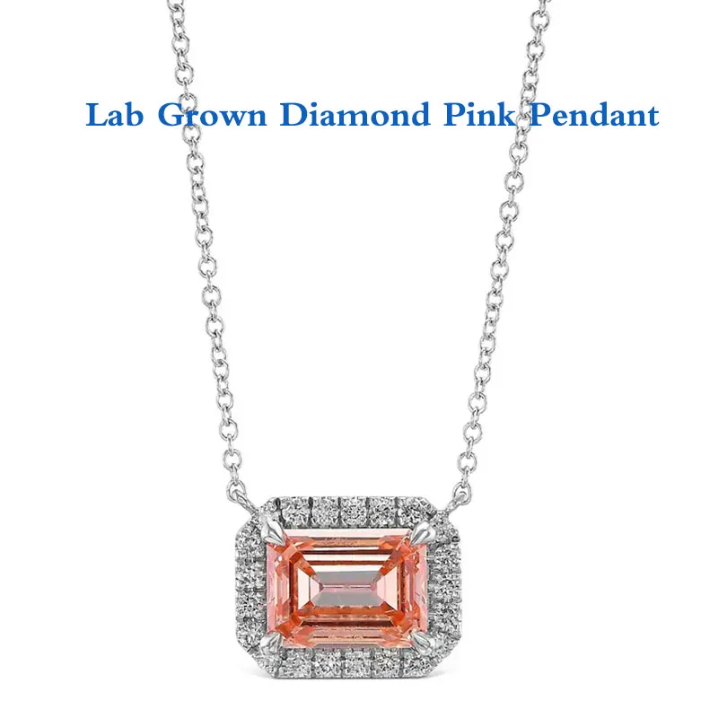 

2Ct Необычный розовый цвет VS/VVS Clarity Изумрудная огранка, выращенный в лаборатории розовый бриллиант, подвеска с ореолом и цепочкой, подарок для нее