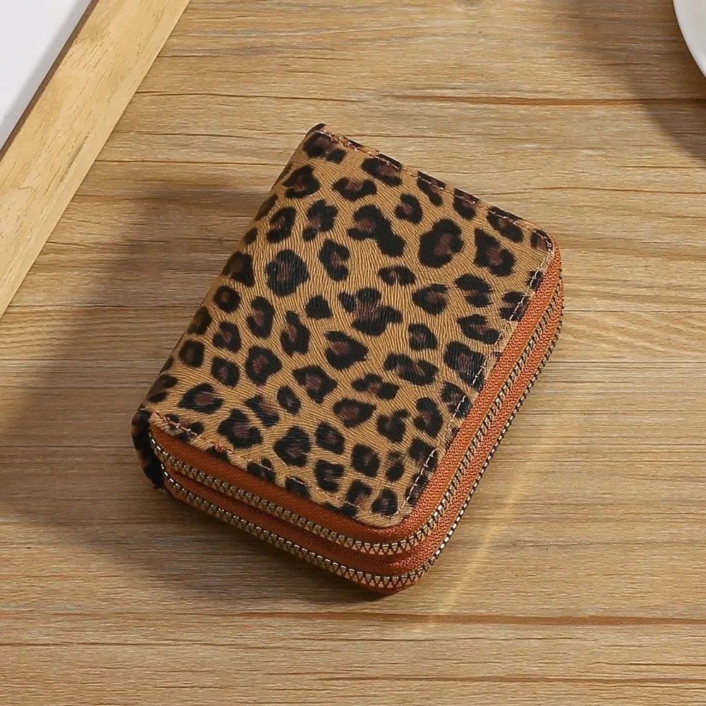 Fashion Leopard Print Short Wallet Double Zipper Multi Card Slot Card Holder Large Capacity PU Leather ID Holder For Women