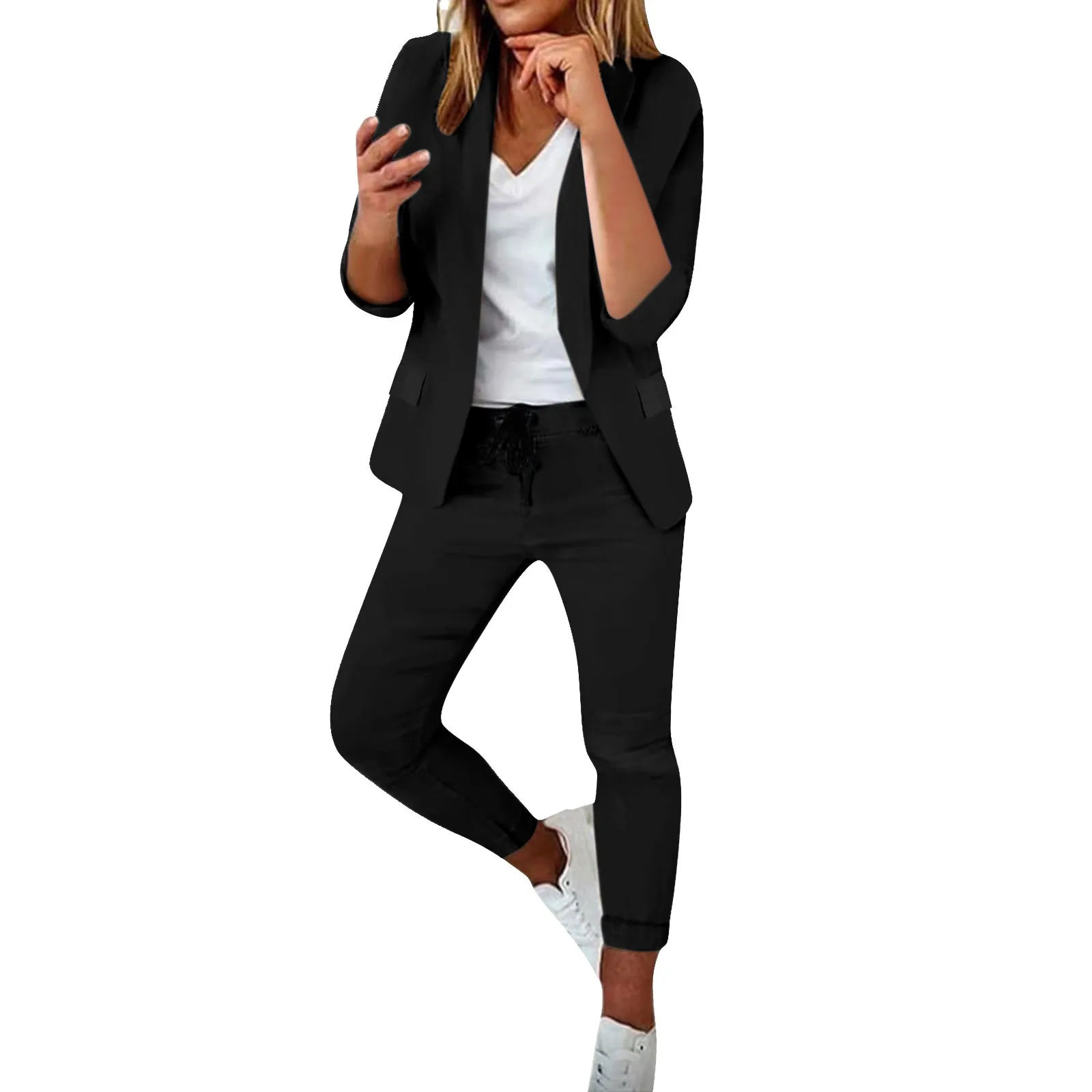 

2 Piece Suit Set Women's Blazer Trouser Set Summer Half Sleeve Slim Business Workwear Jacket+Pant Set Suit Casual Office Suit