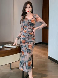 2023 Spring Midi Dresses for Women Elegant Vintage Sexy Print Floral Mesh Folds Bodycon Slit Long Robe Party Office Lady Vestido