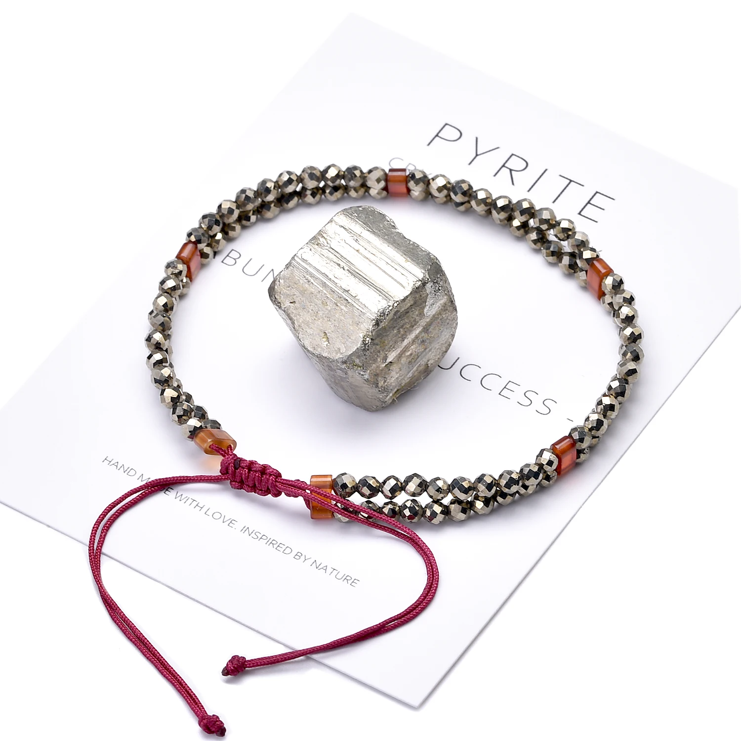 Dainty Pyrite Double Row Bracelet for Women Carnelian Red Thread Braided Bracelet Adjustable Easy to Wear to Best Friend