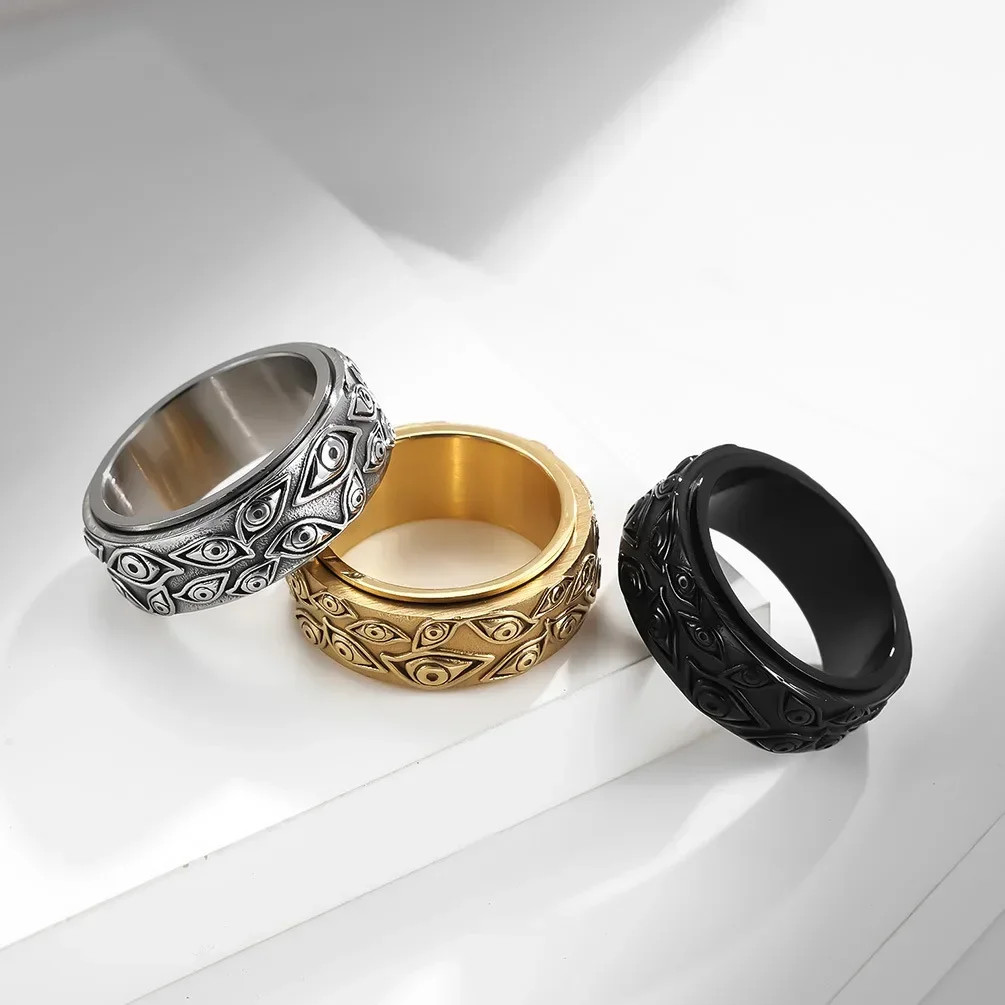 Stainless Steel Vintage Evil Eye of God Ring Spinner Ring Stress Relieving Anxiety Ring for Men Women