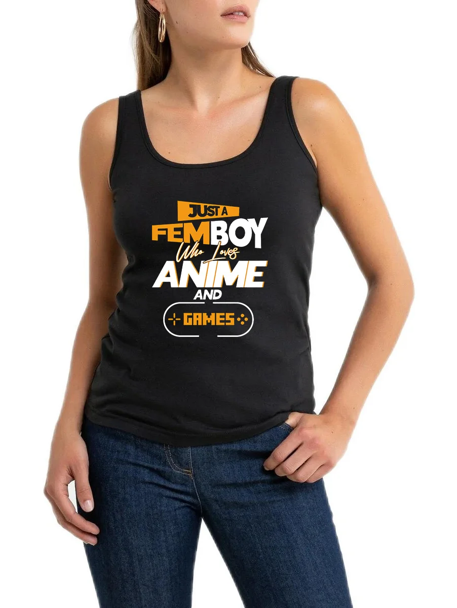 Just A Femboy Who Love Anime And Games Graphics Tank Tops Women's Sexy Slim Fit Sleeveless Tops Gym Fitness Camisole