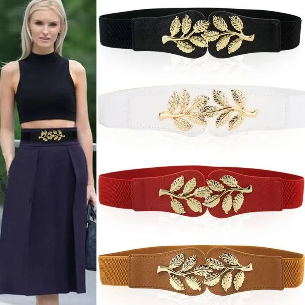 

Fashion Gold Leaf Women's Waist Buttons All-Match Wide Belt Luxury Design Elastic Waist Paired With Skirt