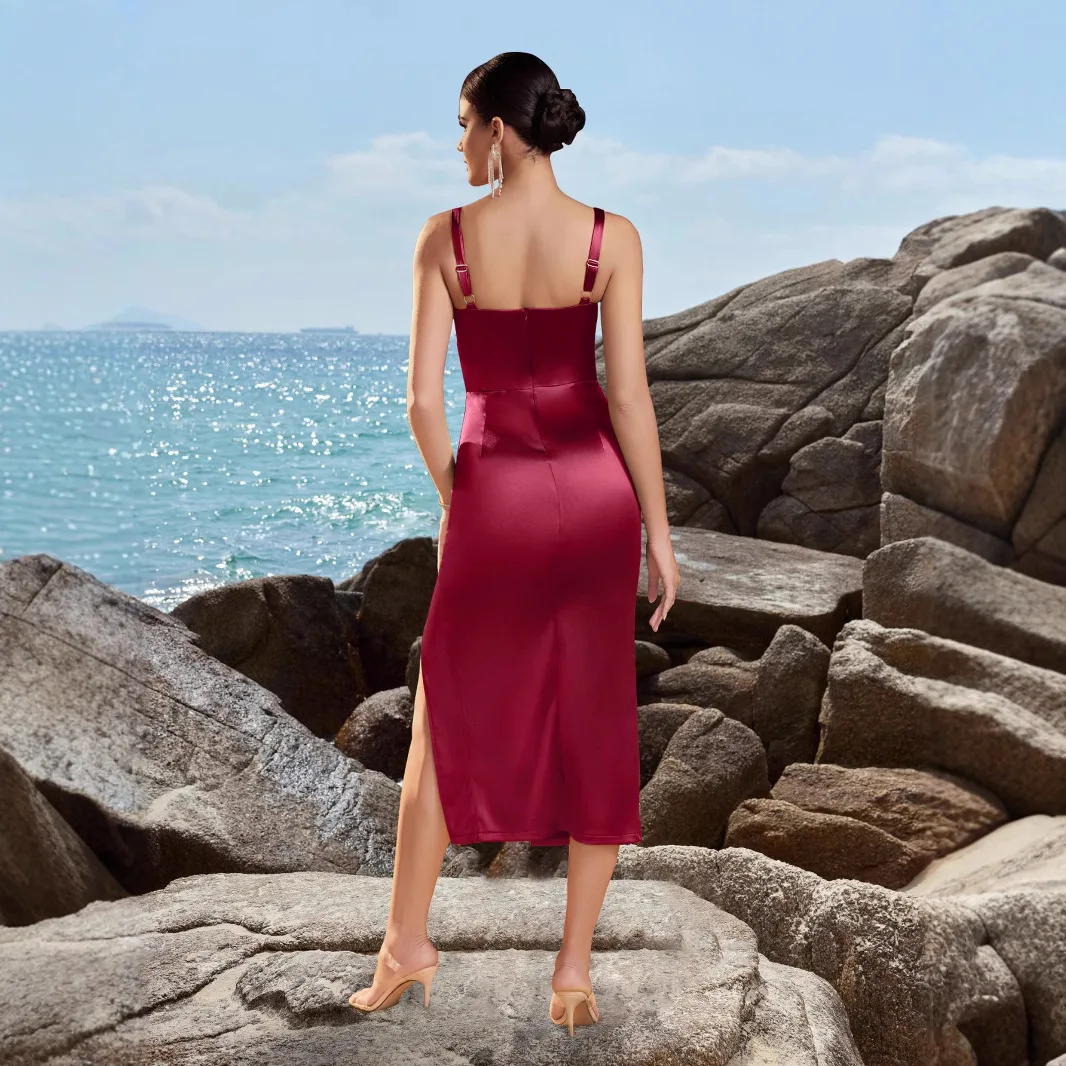 2025 new European and American sexy high slit elastic satin dress with suspender strapless pleated slim and elegant dress