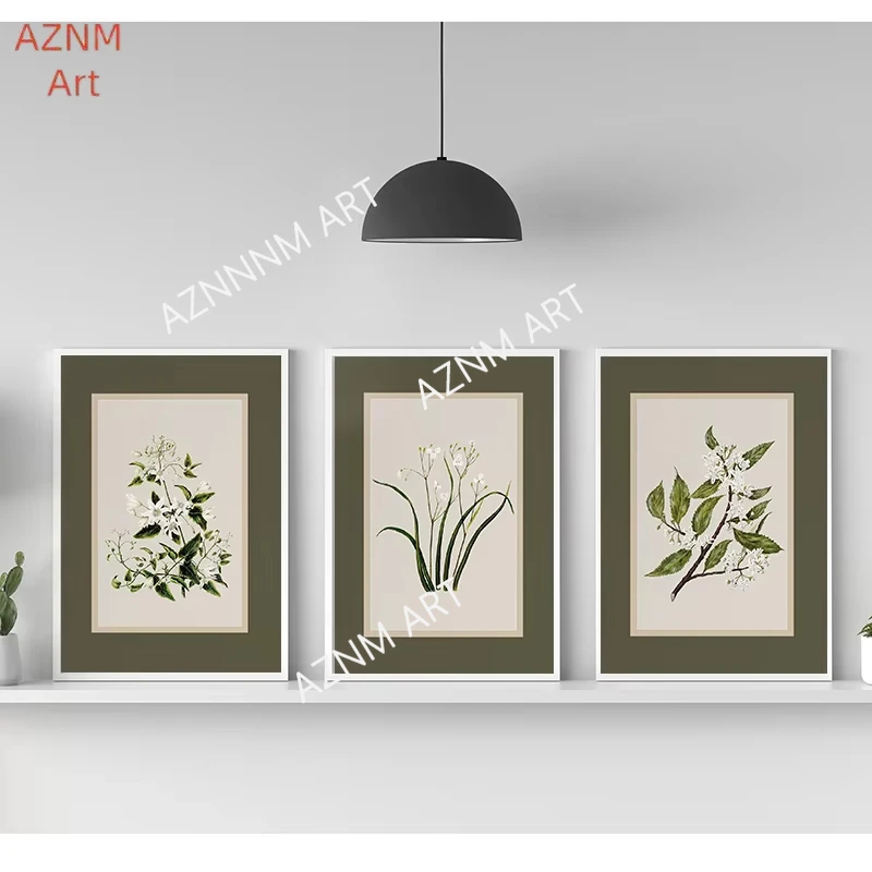 1/3PCS ，Neutral Botanical Sage Green Vintage Floral Poster Print Canvas Painting Wall Art Flower Picture for Living