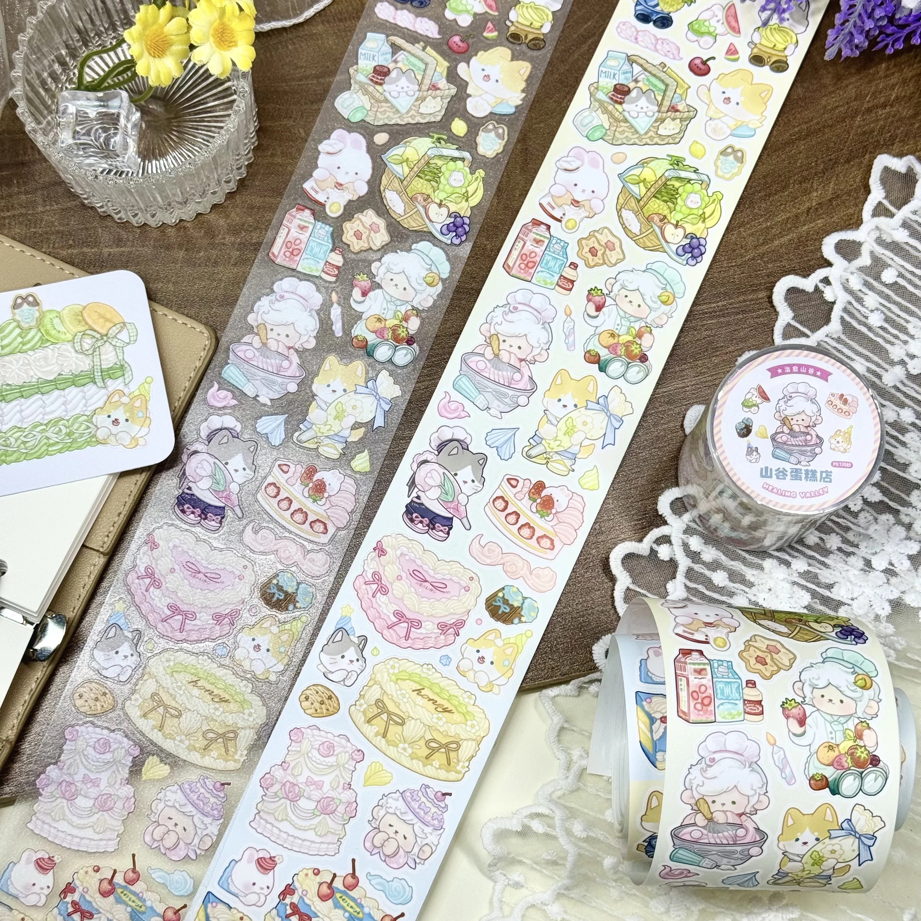 Healing Valley Shimmer Die-Cut Sticker Roll, Cute Soft Animal Cake Decoration Supplies